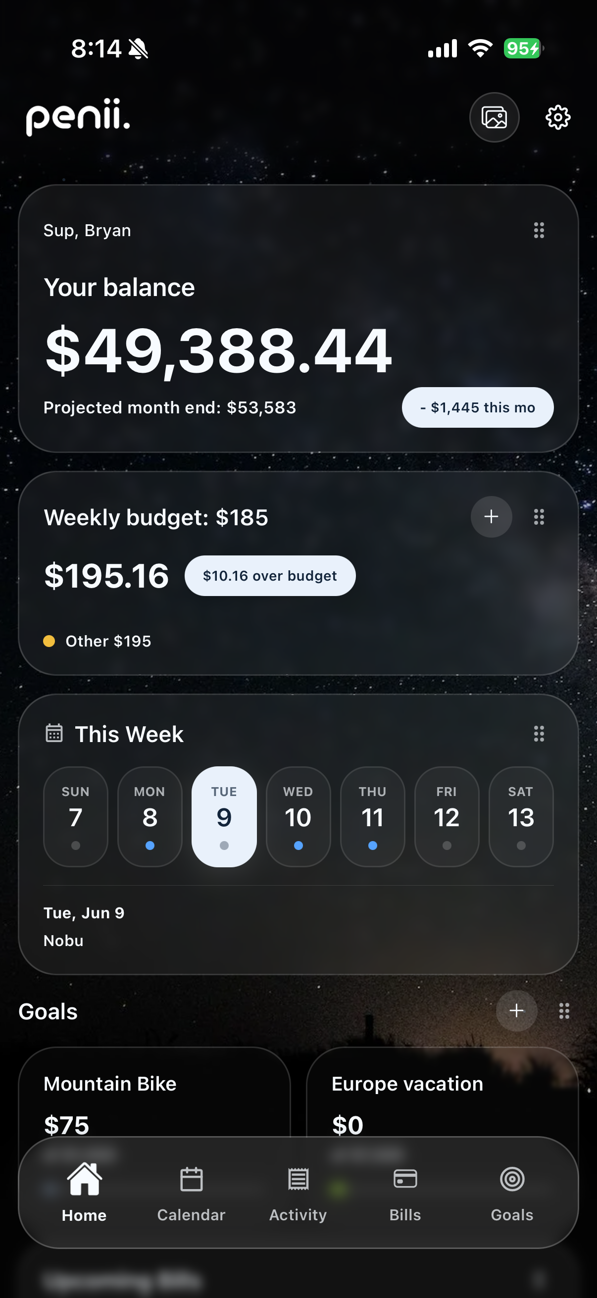 penii dashboard: live balance, weekly budget, and the This Week strip